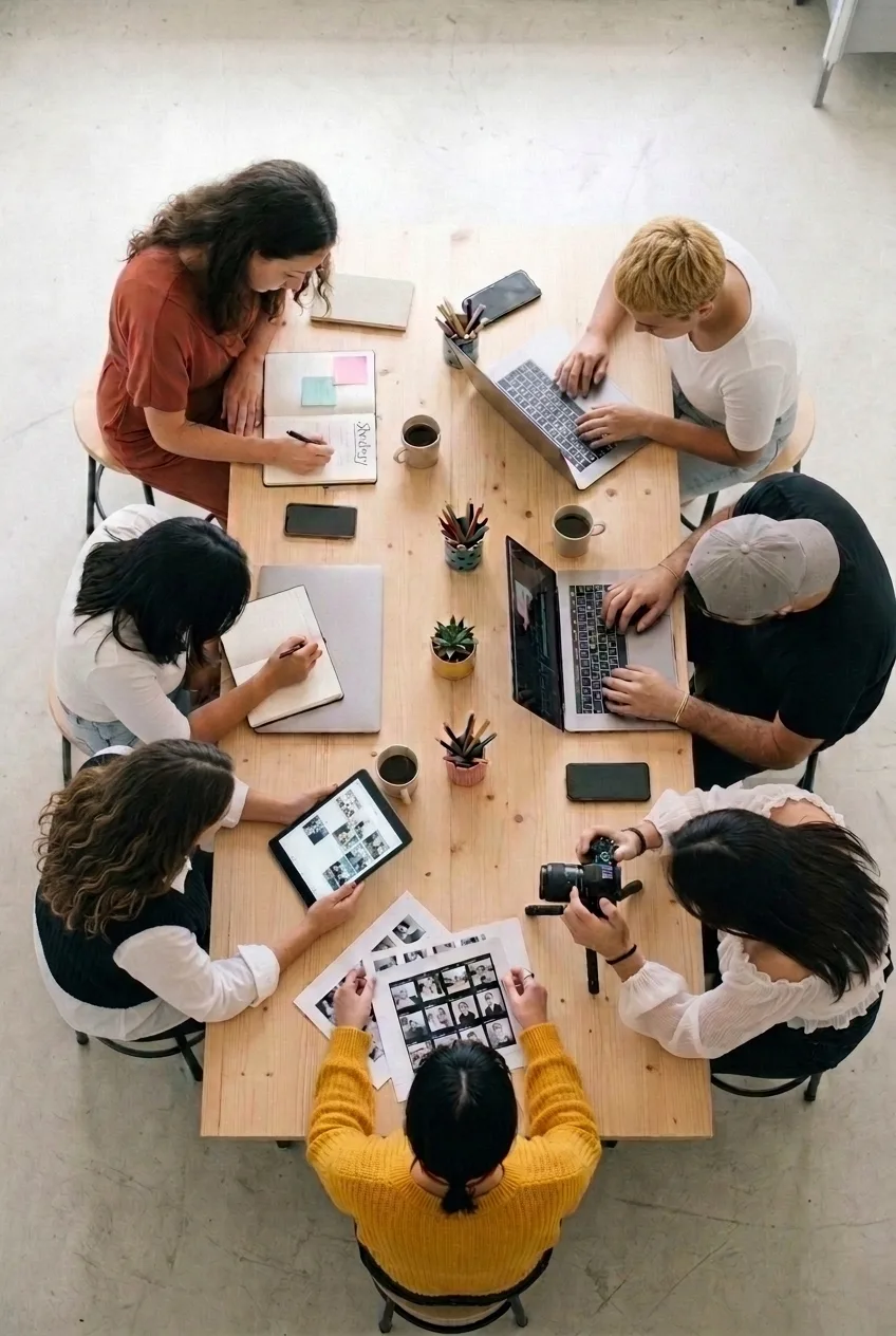Vista dall'alto di un tavolo di lavoro con il team tra strategia, montaggio Reel, fotografia, ADV e newsletter