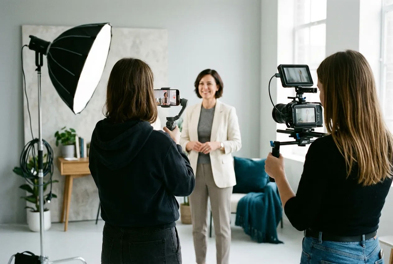 Due operatrici, viste di spalle, riprendono con smartphone su stabilizzatore e fotocamera una professionista sul set